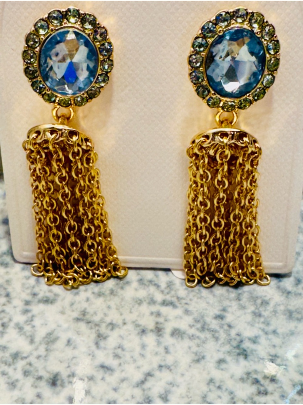 NWT Gold Chain Tassel Drop Earrings with Light Blue Crystal Accent